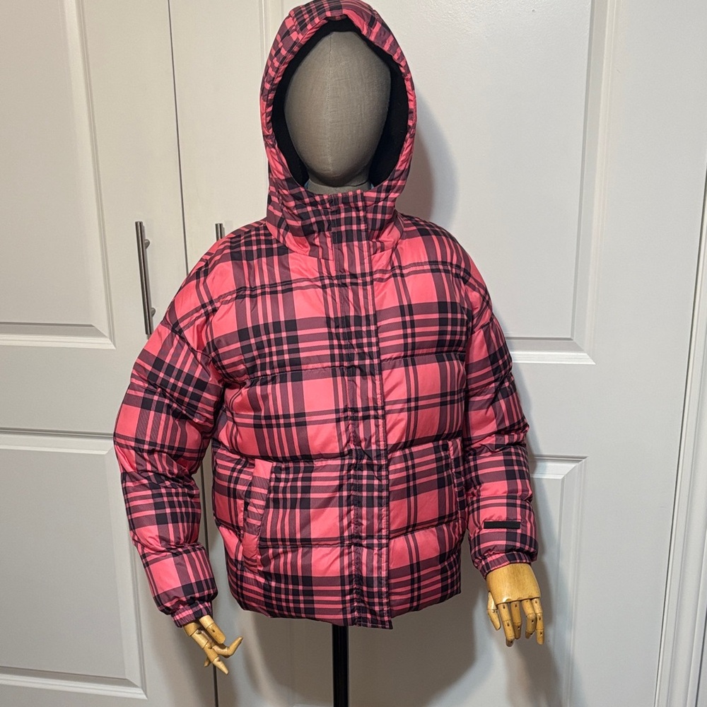 Juicy Couture Black Label Pink and Black Plaid Hooded Puffer Jacket